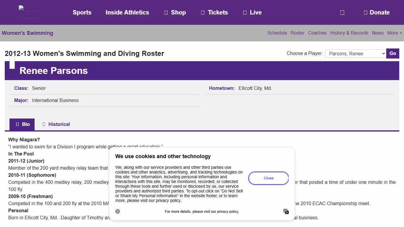 Renee Parsons - 2012-13 - Women's Swimming - Niagara University Athletics